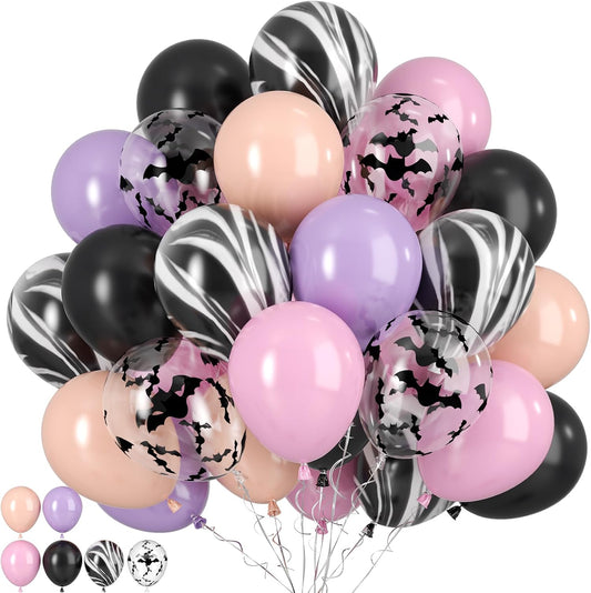 Paready Halloween Balloon, 50pcs Pink Purple Black Balloons, Bat Printed Balloons Black Marble Balloon For Retro Halloween Masquerade Vampire Haunted House Themed Birthday Party Decor Decorations