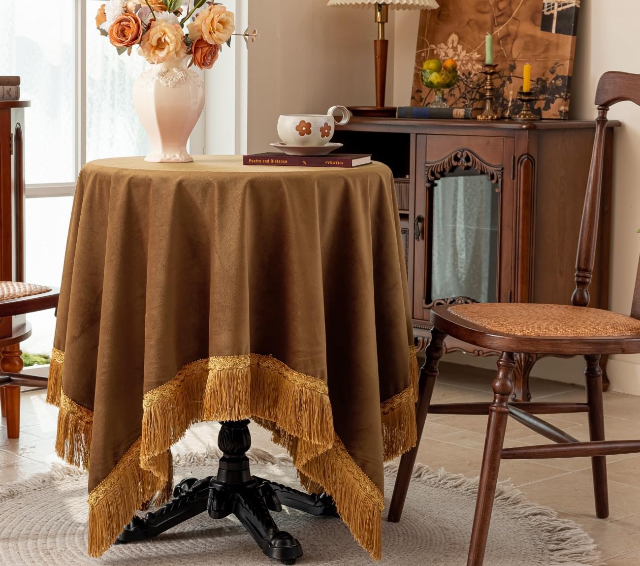 F-CHU Small Square Tablecloth 36 x 36 Inch Velvet Table Cloth Solid Camel Small Round Table Cover for Nightstand End Bedside Table Tabletop Decoration，Camel Tablecloth