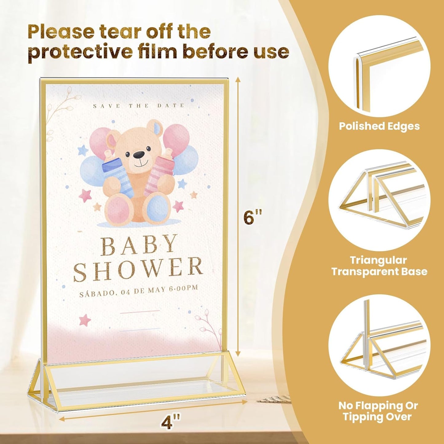 Acrylic Gold Sign Holders 4x6, 2 Pack Wedding Gold Table Number Holders, Double Sided Photo Display Picture Frame Paper Stand, Clear Flyer Stand Menu Holder for Wedding, Home, Party, Restaurant