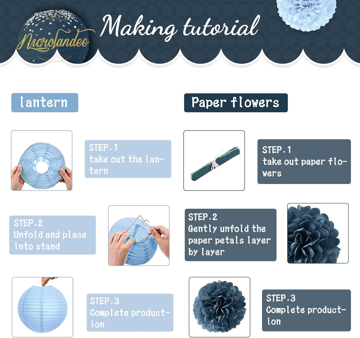 NICROLANDEE Dusty Blue Wedding Decorations, 12 PCS Blue Grey Tissue Pom Poms Paper Lanterns Decor for Birthday, Bridal Shower, Baby Shower, Bachelorette Party Hanging Decoration Supplies