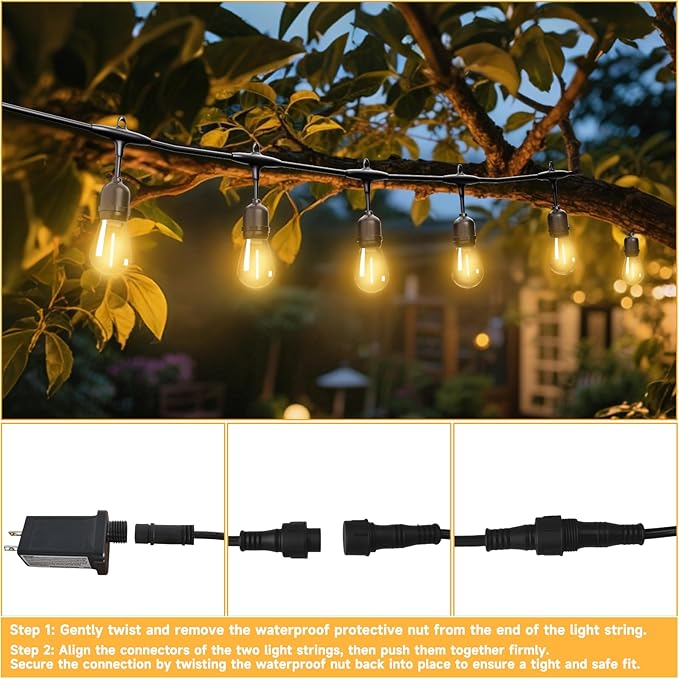 Outdoor Safety String Lights 50FT - Commercial Grade Low Voltage Strand with 20 S14 Shatterproof Bulbs for Tree Garden Yard bistro Cafe | Warm Yellow 3500K Party Lights | IP65 Waterproof | UL Listed