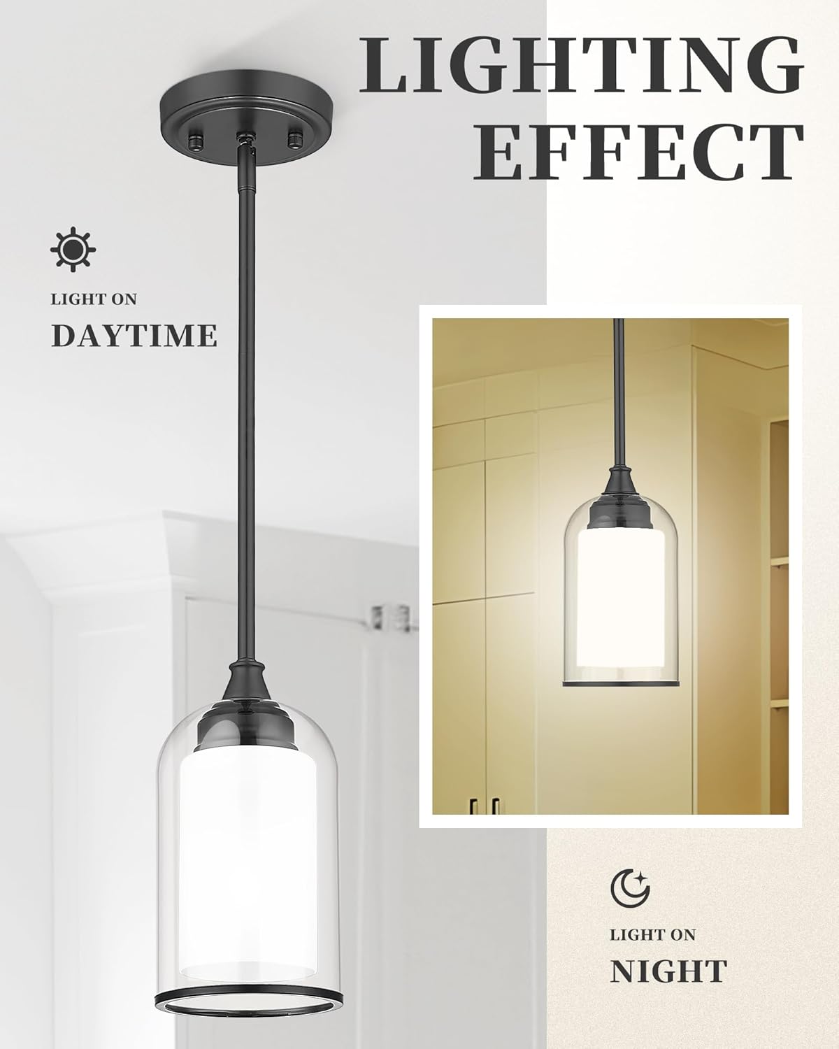 LIROUVET Black Pendant Light Fixtures - Dual Glass Hanging Light, 1-Light Pendant Lights with Clear and Milk Glass, Industrial Pendant Lighting for Kitchen, Dining Room, PL02BK-N