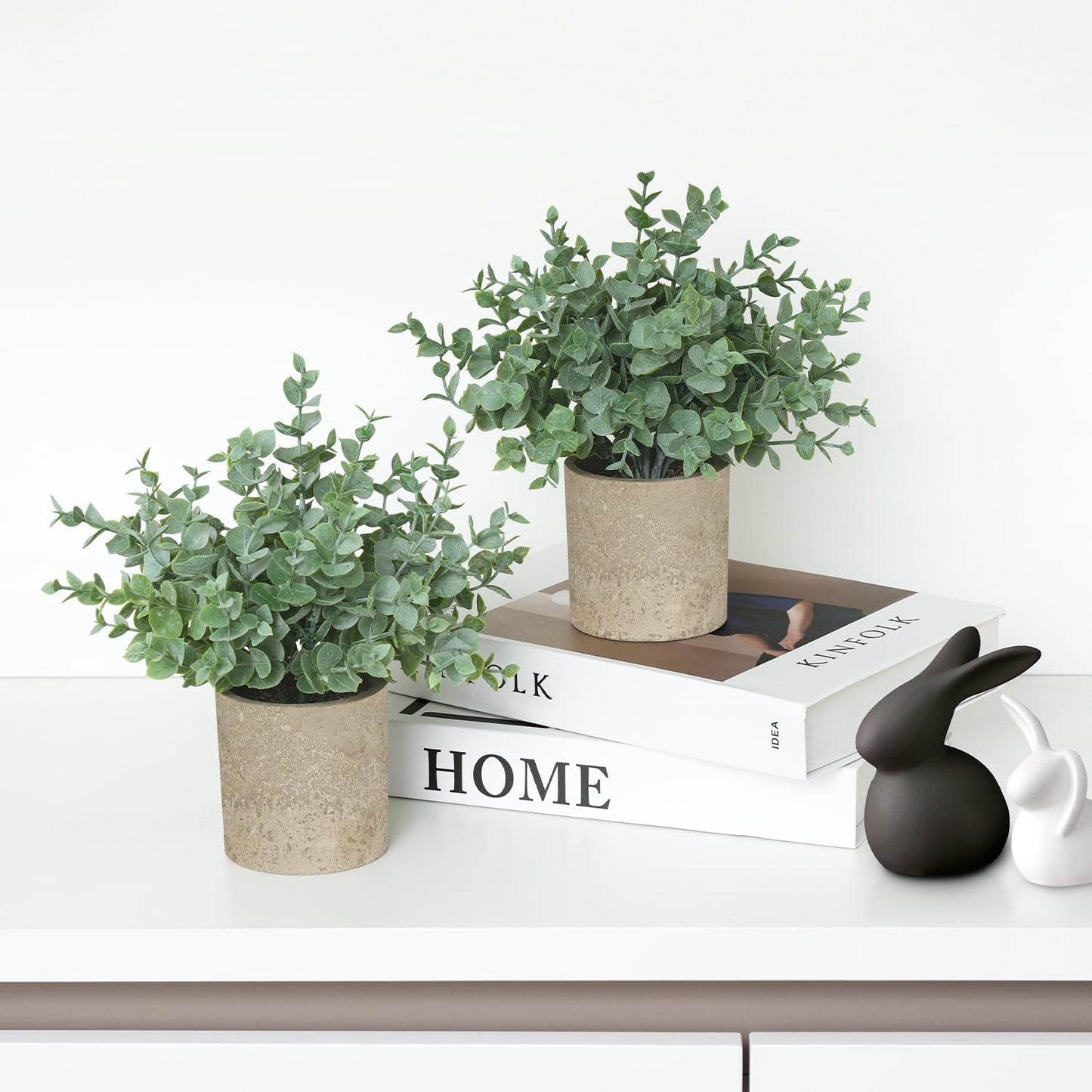 2 Pack Small Fake Plants, Artificial Eucalyptus with Gray Paper Pulp Pots, Small Potted Faux Greenery for Home Decor Indoor, Bathroom, Shelf, Office, Desk, Farmhouse Room Decoration