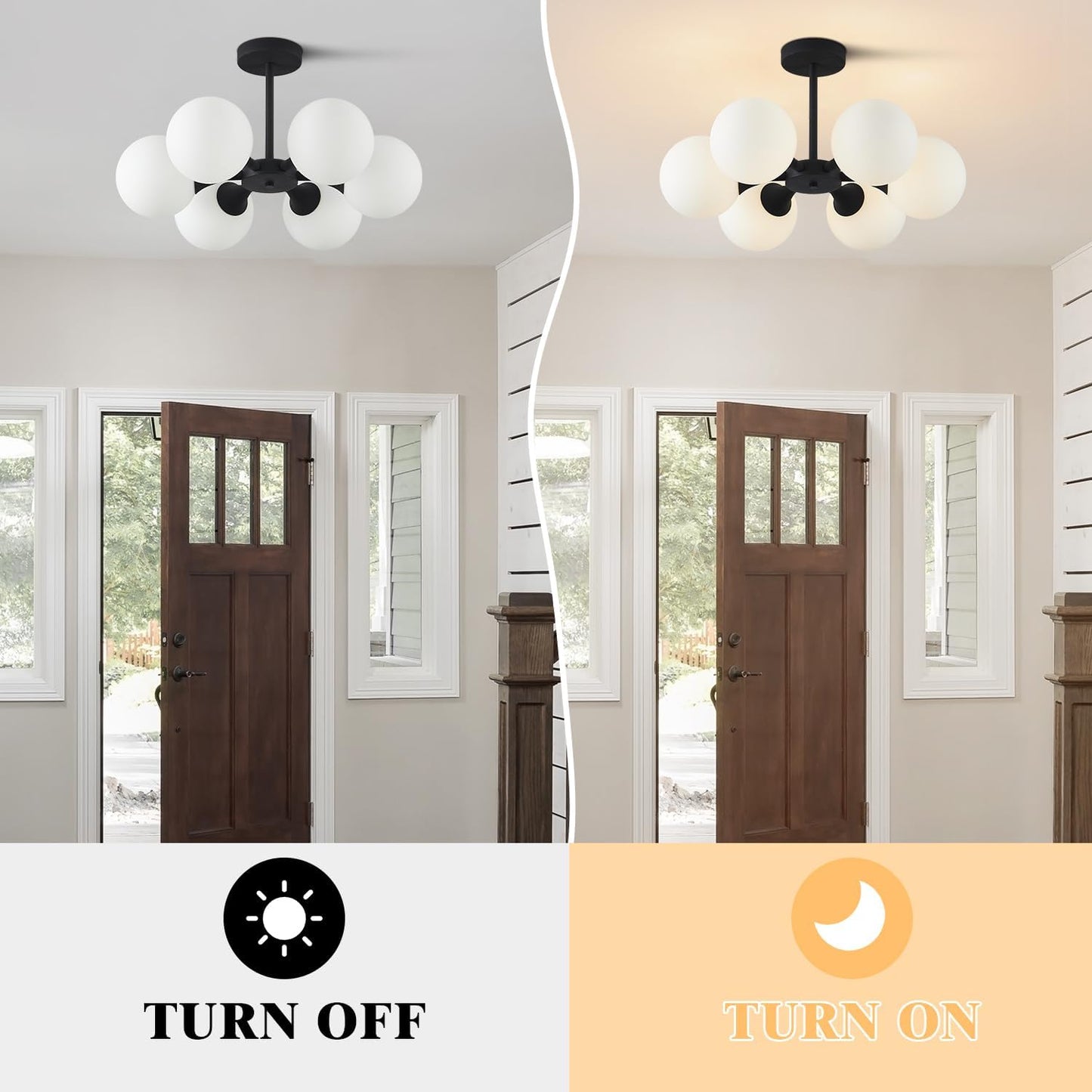 KCO Lighting 6 Lights Modern Semi Flush Mount Ceiling Light Fixture Glass Globe Sputnik Chandelier Ceiling Lighting Mid Century Black Close to Ceiling Light