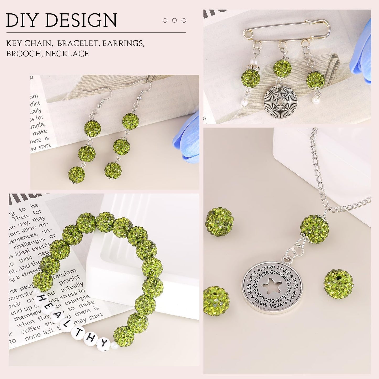 200pcs 10mm Olivine Rhinestone Beads for Jewelry Making, Shiny Round Shamballa Disco Ball Beads Bulk, Sparkle Crystal Clay Christmas for Bracelet Baseball Necklace Earring Crafting and DIY