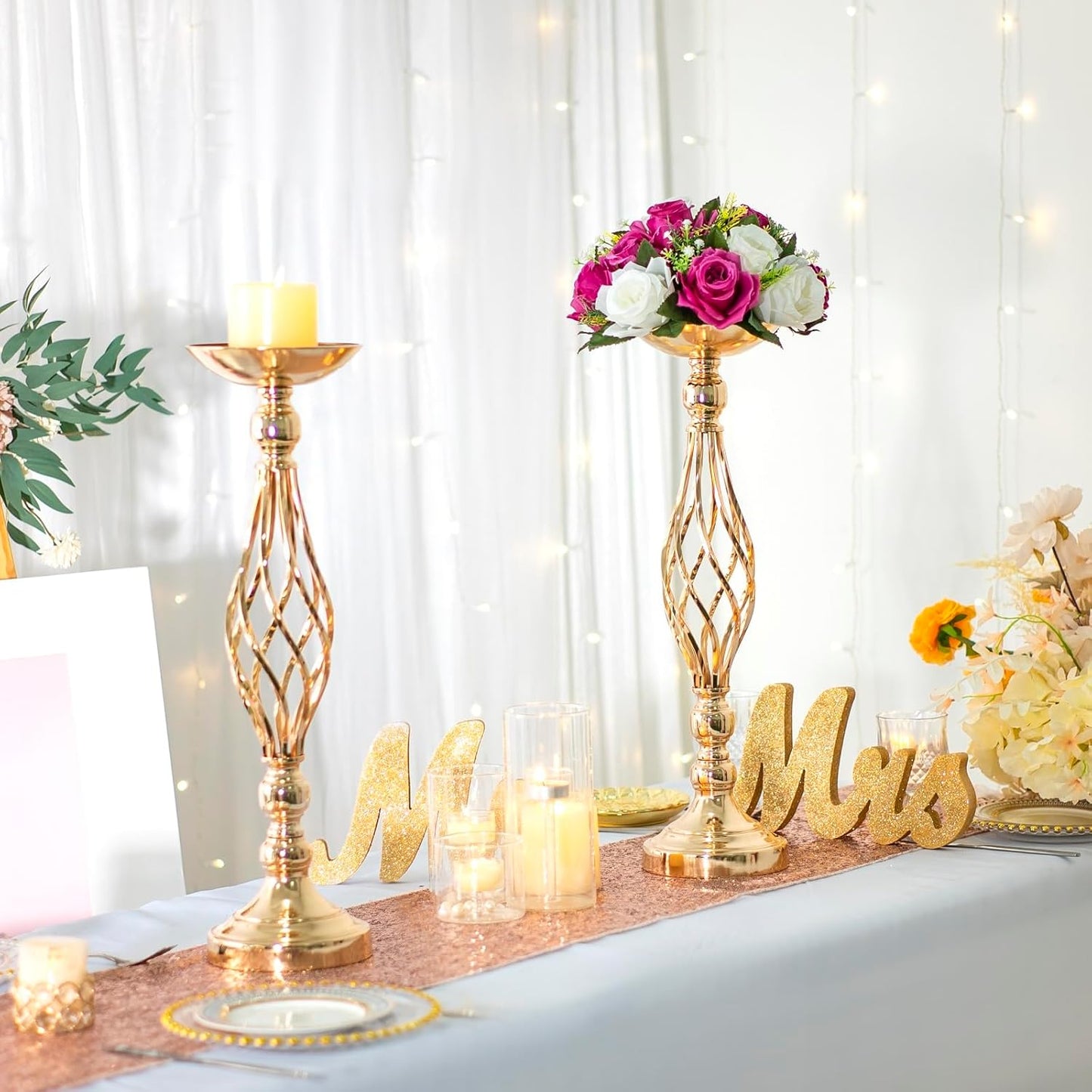 LANLONG 10pcs Metal Gold Candle Holders Road Lead Table Centerpiece Stand Pillar Candlestick for Wedding Candelabra Flowers Vases