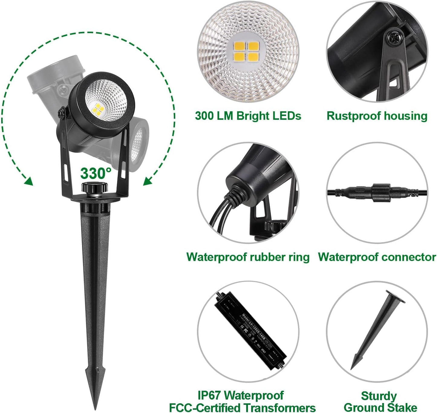 Low Voltage Landscape Lighting, 6 Pack Outdoor Spot Lights with Transformers, 12V Warm White Landscape Spotlights IP65 Waterproof Plug in Outdoor Uplights for Yard House Pathway Tree Pools