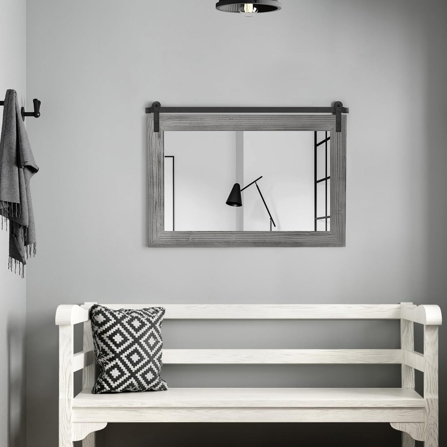 COGOOD Farmhouse Barn Door Mirror - 25" x 18" Rustic Wood Framed Decrative Mirror for Bathroom, Living Room, Entryway Wall Decor (Grey)