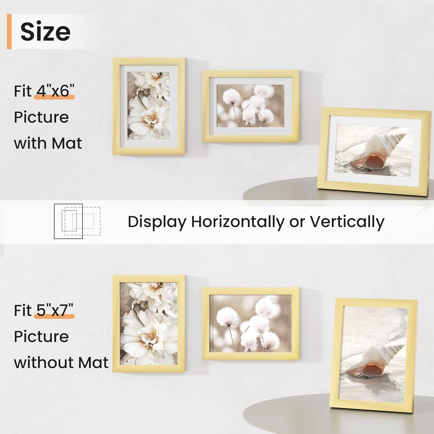 5x7 inch Picture Frame, 5x7 Photo Frames with 4x6 Removable Mat - High Definition Plexiglass - Vertical and Horizontal Display - Wall Hanging Frame - Gold, 12 Pack