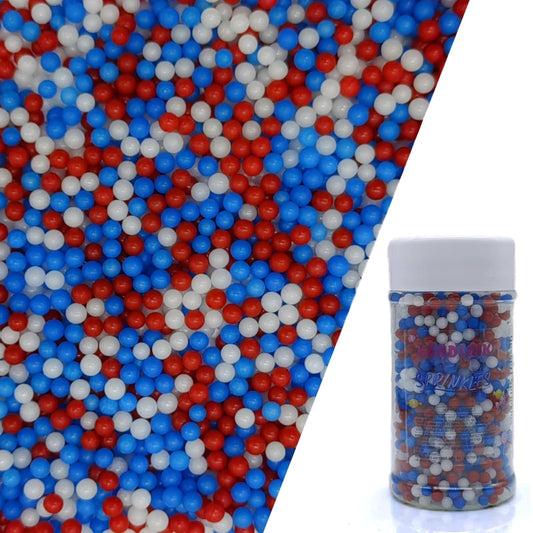 Edible Red & Blue & White Pearl Sugar Sprinkles Candy 4mm Mini Pearls Cake Decorations Cupcake Toppers Cookie Decorating Perfect for Wedding Party Valentine Halloween Christmas Supplies 3OZ
