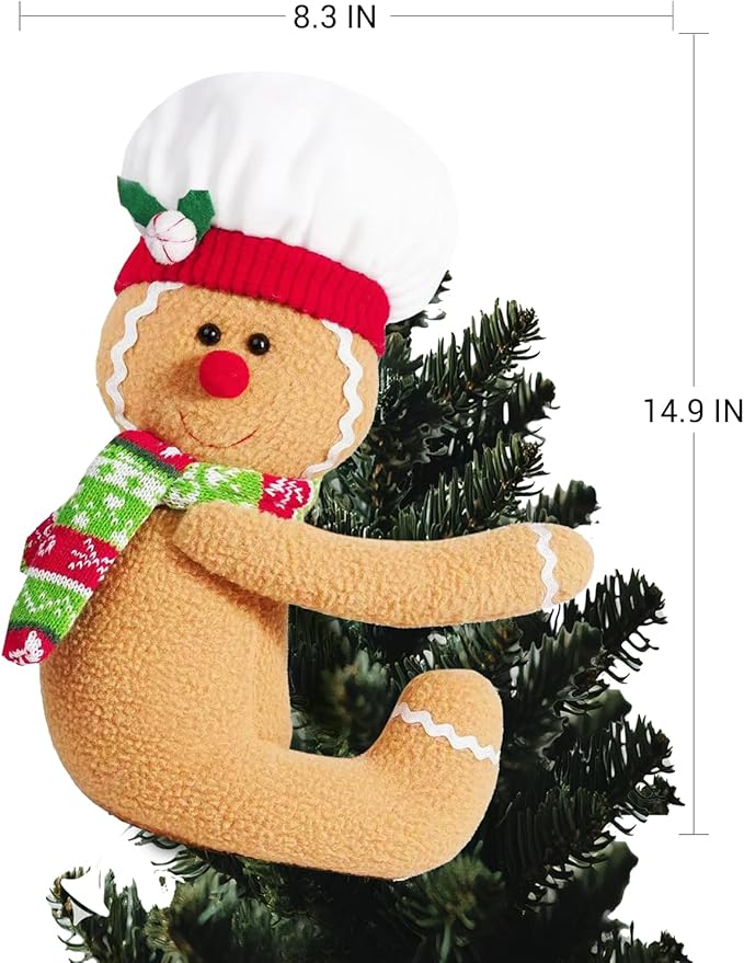 Gingerbread Man Christmas Tree Topper Santa Claus Christmas Decoration,2 Pack Cute Tree Topper Xmas Curtain Wine Bottle Staircase Guardrail Ornament for Xmas New Year(Gingerbread Man & Santa)