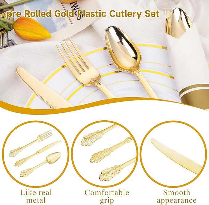 Nervure 400PCS Pre Rolled Gold Plastic Silverware Sets - Heavy Duty Fancy Gold Cutlery - Include 100 Pack Wrapped Disposable Utensils with Napkins for Parties, Dinners & Weddings