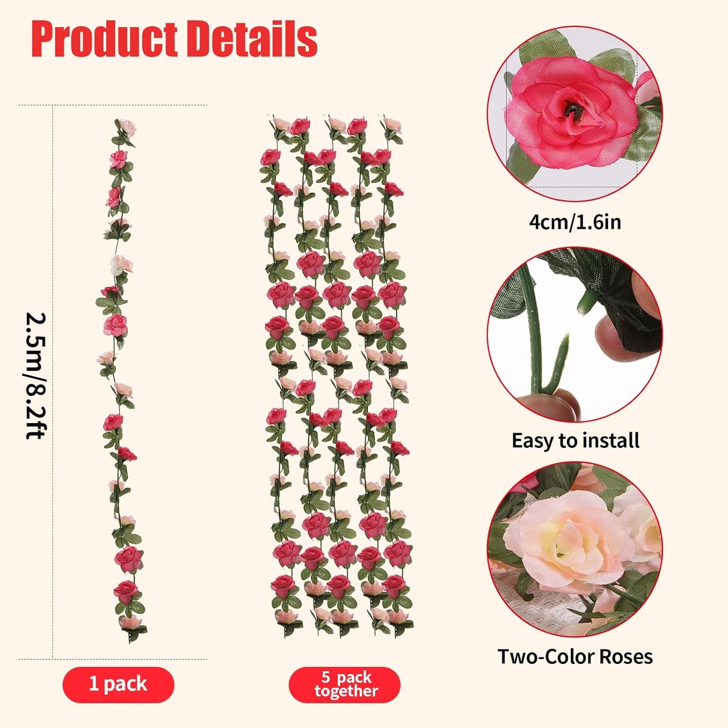 5 Pcs 41FT Flower Garland, Artificial Rose Garland Flowers Plants Fake Flower Hanging Rose Ivy, Birthday Party Valentine's Day Wedding Wall Arch Decor（Pink）