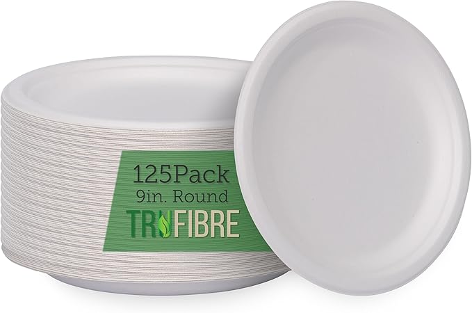 9-Inch 125-Pack Disposable Bagasse Paper Plates, Styro Foam Food Trays, Microwave Safe Meal Plates for Holidays, Party Favors & Events, Bulk