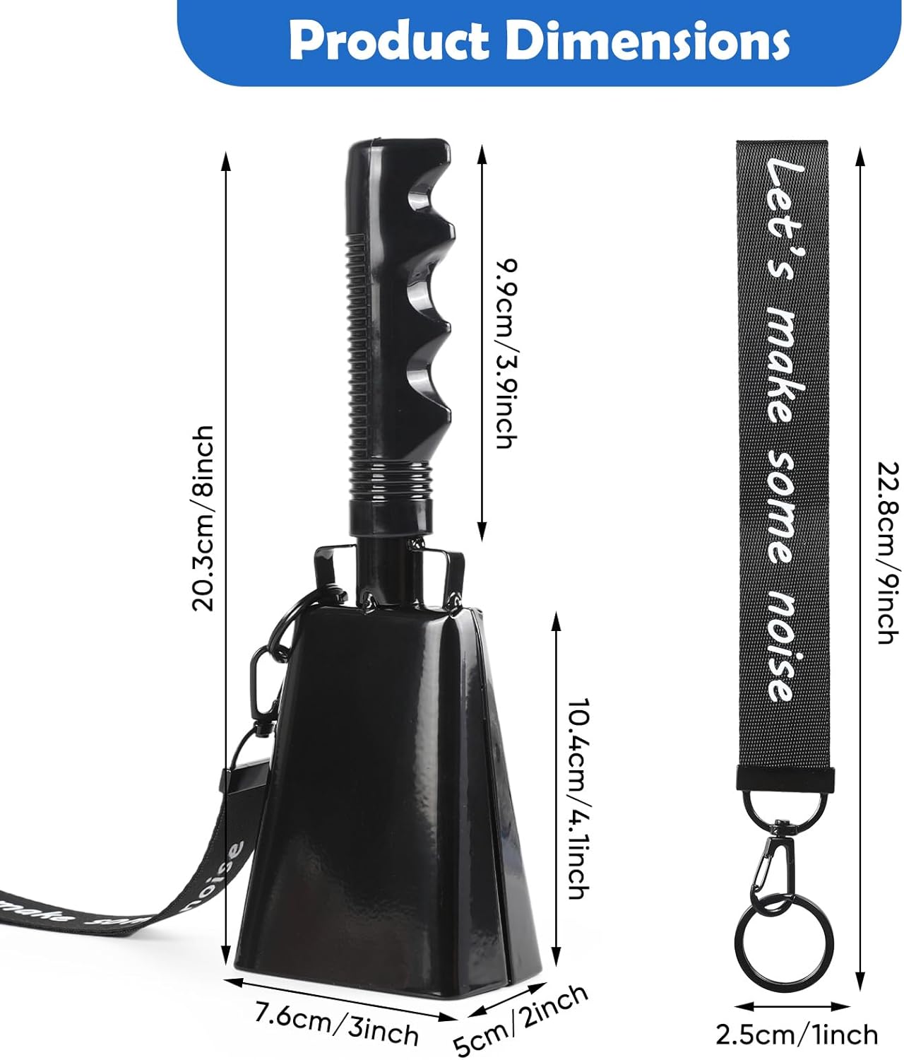 Cow Bells Noise Makers with Handle: Cowbells Hand Percussion for Sporting Events with Wrist Strap - 2pcs 8 Inch Large Loud Cheering Bell for Football Games Graduation (Black)