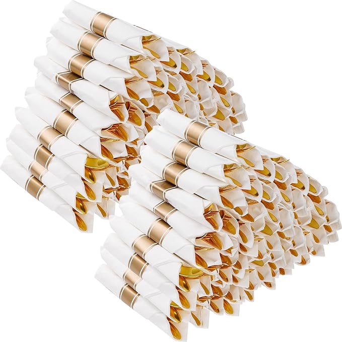 Goodluck 100 Pack Pre Rolled Gold Plastic Silverware, Wrapped Plastic Cutlery Set with Napkin Include 100 Forks, 100 Knives, 100 Spoons and 100 Napkins, Disposable Silverware for Party, Wedding