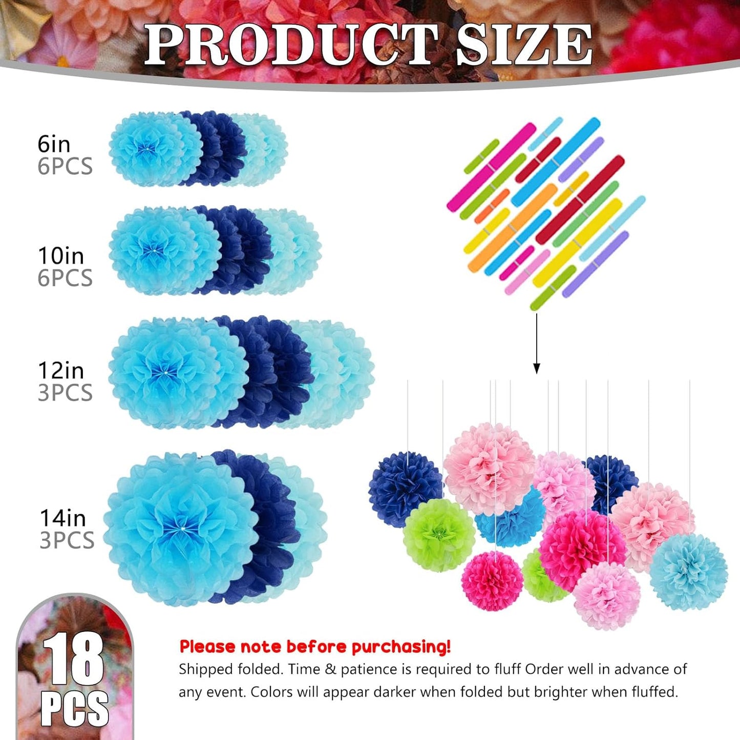 Tissue Paper Pom Poms, Blue Tissue Paper Flowers, Hanging Flower Balls for Weddings Fiesta Parties Birthday Baby Showers Classroom Bridal Shower Decoration (18Piece Set-6/10/12/14Inch)