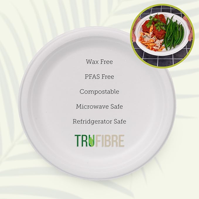 9-Inch 125-Pack Disposable Bagasse Paper Plates, Styro Foam Food Trays, Microwave Safe Meal Plates for Holidays, Party Favors & Events, Bulk