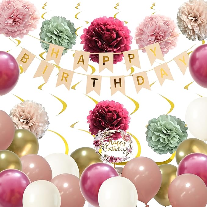 Burgundy Pink Birthday Decorations for Women with Happy Party Decor Balloons Banner Sage Tissue Pom Poms Gold floral Cake Topper and Hanging Swirls(Green Pink)