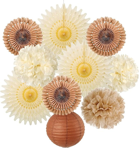 SUNBEAUTY 10 Pcs Brown Party Decorations Rustic Paper Natural Birthday Party Decorations Hanging Lanterns Tissue Paper Pom Poms Cream Folding Fans Kit for Girl Women