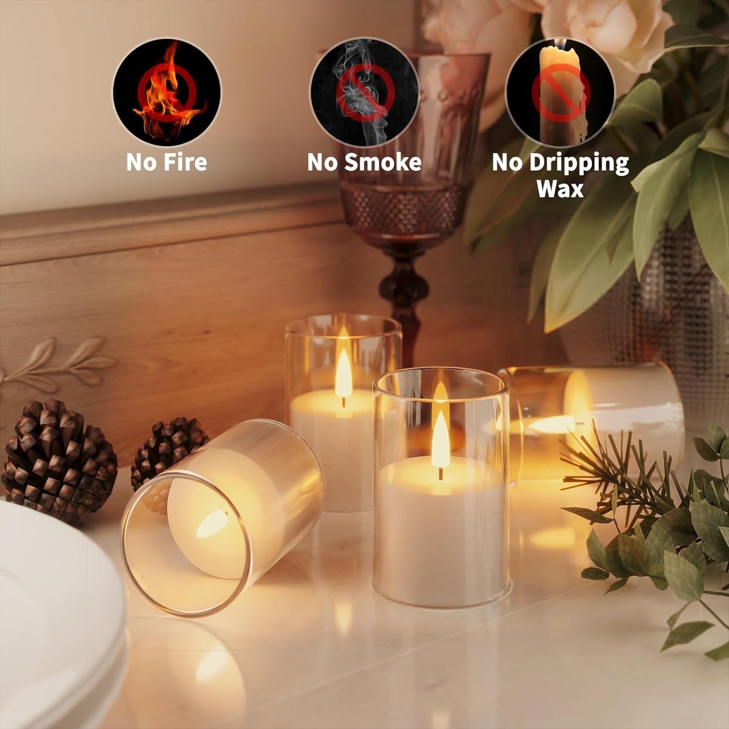 6Pack Flickering Flameless LED Candles with Remote & Timer, Battery Powered - Small Pillar & Votive, Clear (2"X3")