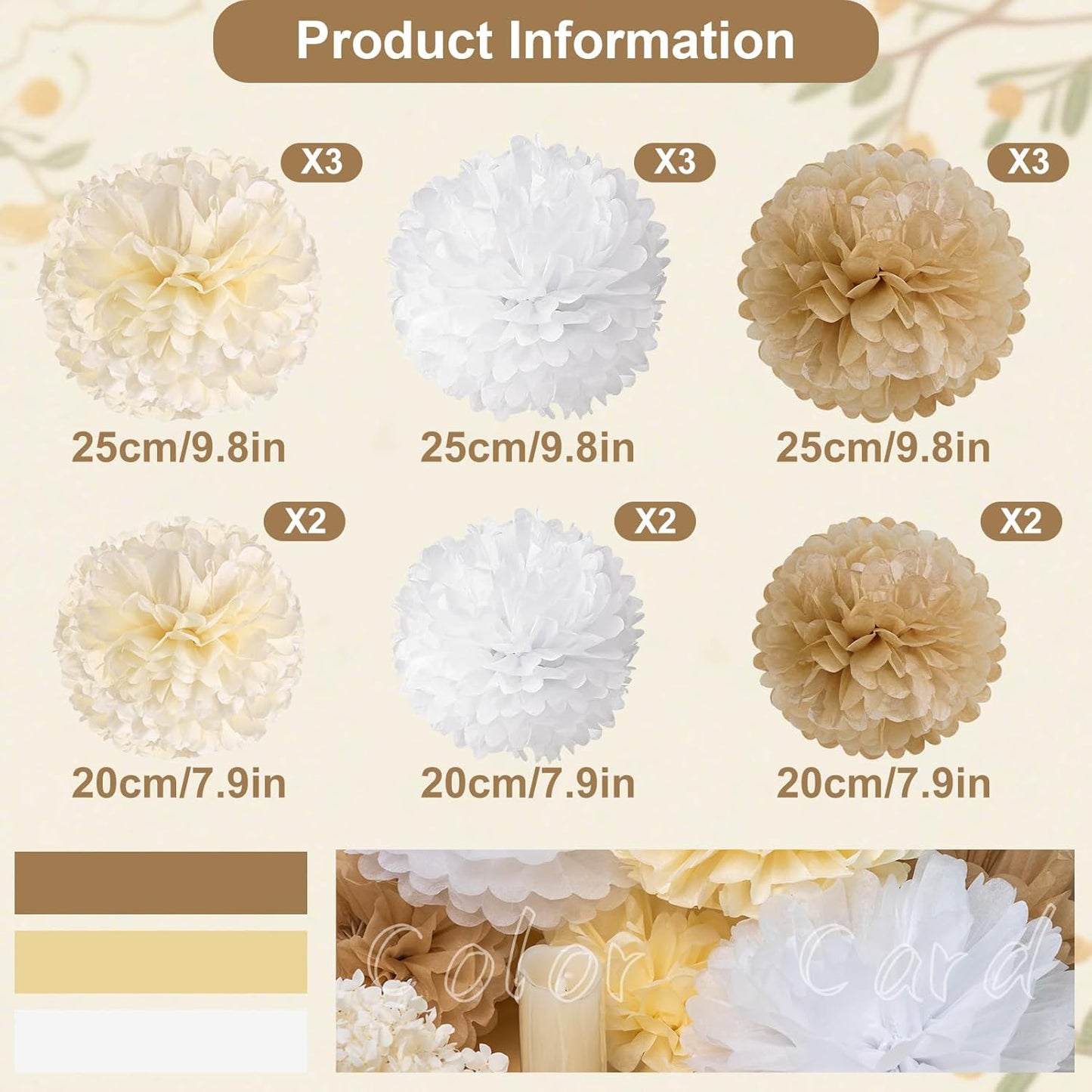 SUNBEAUTY 15 PCS Boho Champagne Pom Poms Tissue Paper Flowers, Wall Hanging Decor Neutral Party Wedding Decorations,Cream Beige White Paper Flowers for Wedding Birthday Bridal Showers Party Supplies
