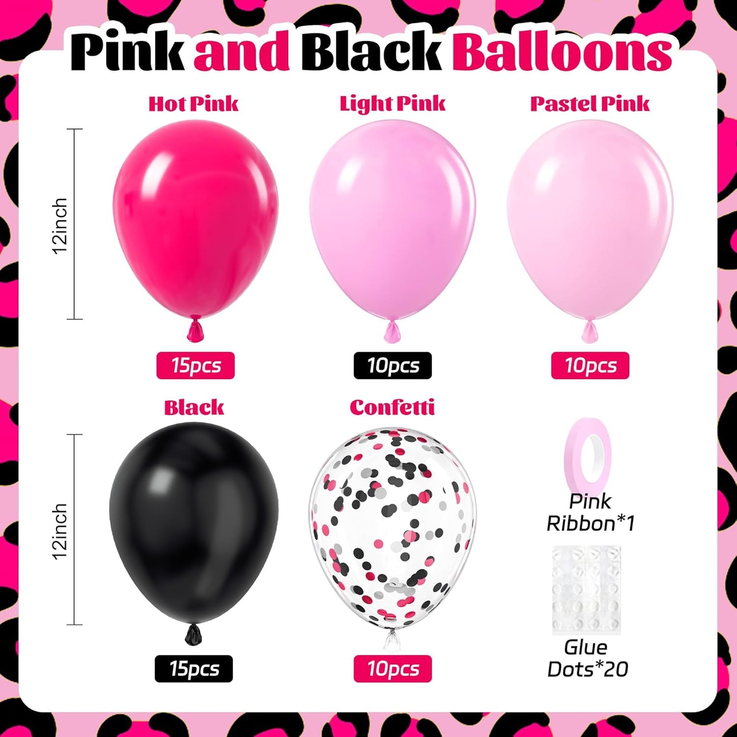 Pink and Black Balloons, 60pcs 12inch Hot Pink Black Pastel Pink Light Pink Confetti Balloons for Baby Shower Bridal Shower Wedding Birthday Party Decorations