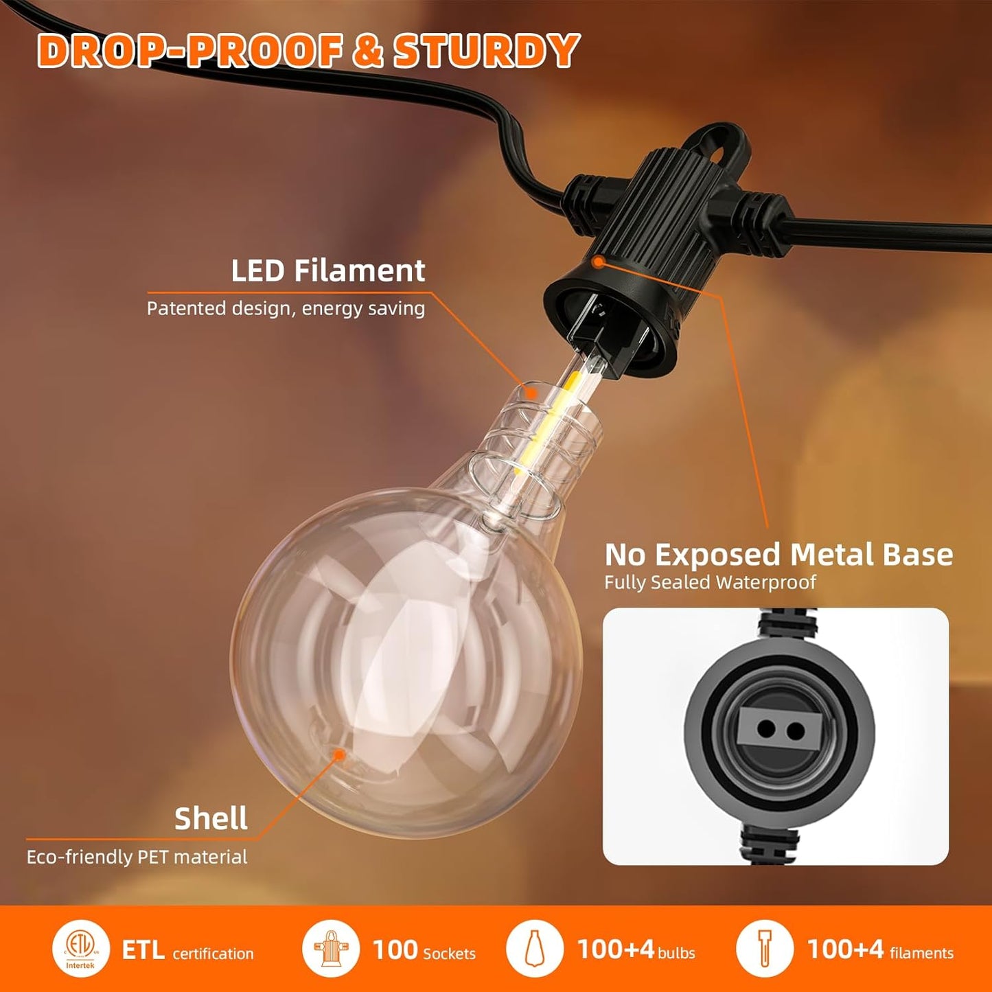 Kawaya 200FT Outdoor String Lights - LED Waterproof Patio Light for Outside with 100+4 G40 Globe Blubs - Shatterproof Hanging Lights for Porch Bistro Backyard Gazebo Balcony Cafe