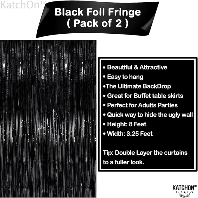 KatchOn XtraLarge Black Streamers - 3.2x8 Feet, Pack of 2 | Fringe Backdrop for Black Party Decorations | Tinsel Backdrop for Birthday, Bachelorette, Anniversary | Black streamers party decorations