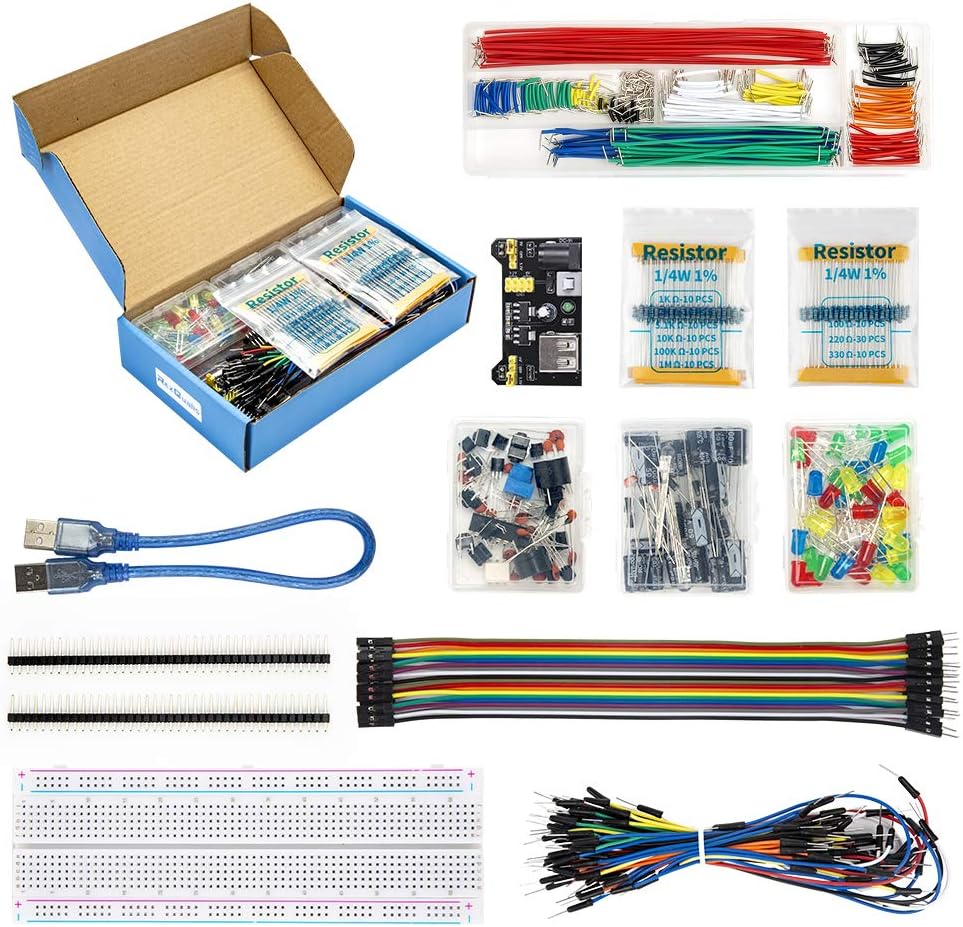 REXQualis Electronics Component Fun Kit w/Power Supply Module, Jumper Wire, 830 tie-Points Breadboard, Precision Potentiometer,Resistor Compatible with Arduino, Raspberry Pi, STM32