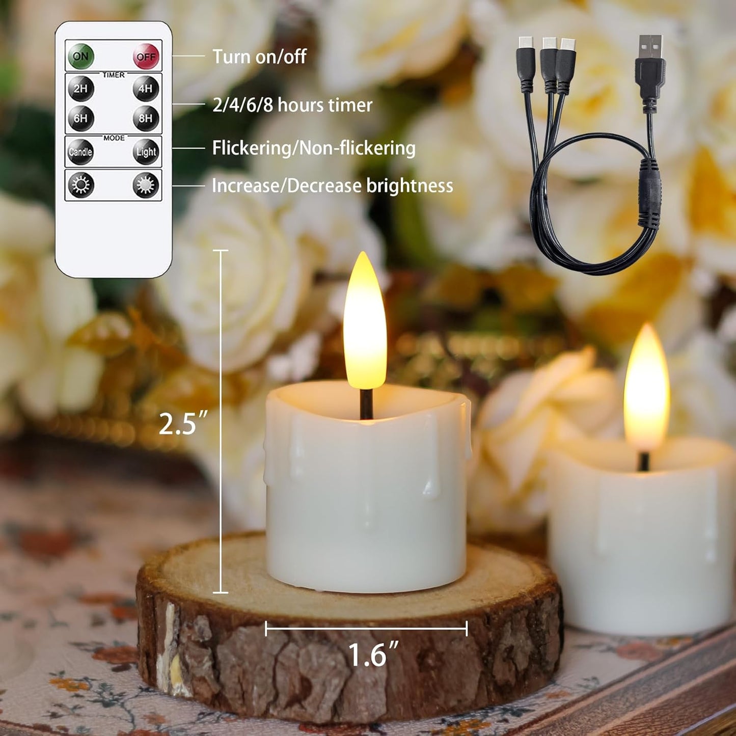 Rechargeable Flameless 1.6" x2.5" Tea Light Candles with Remote & Type-C Charging Cable, Timer LED Flickering Ivory Plastic 6pcs Mini Dripping Wax Votive Tealight Candles