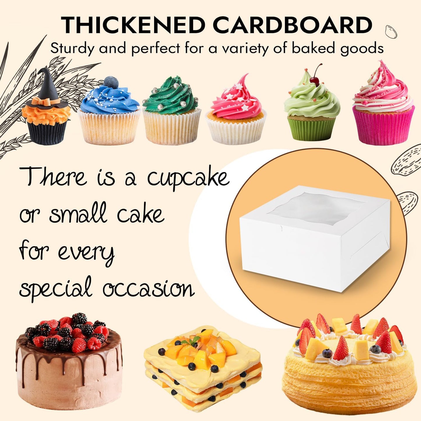 JCD 8 Packs 1+5 Cupcake Box Combo with Clear Window,1 small Cake and 5 Cupcakes Box with insert and Stickers, for Family Birthday Party Mother's day (1+5/8pcs)