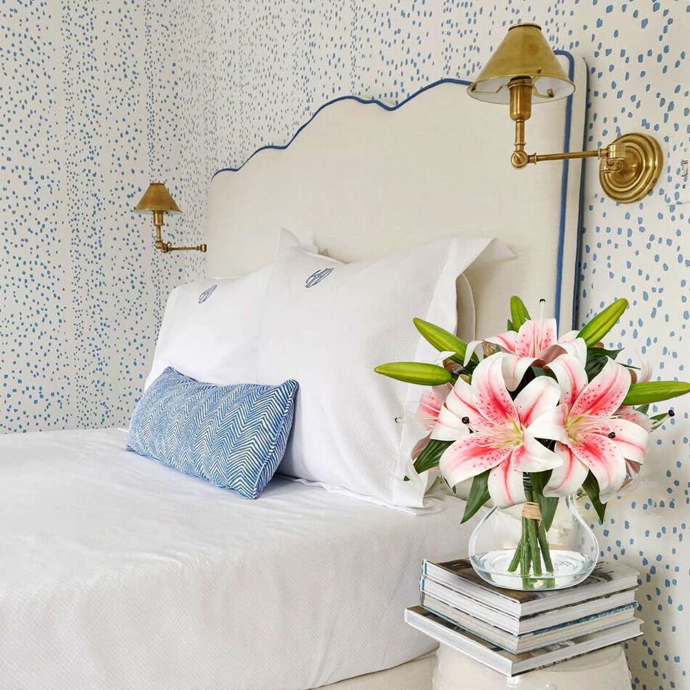 Artificial Flowers Tiger Lily Real Touch with Vase Easter Lily Pink Lilies Silk Faux Flowers Arrangements in Glass Vase with Faux Water Easter Decor Fake Floral Bulk Bouquet for Office Home Decor