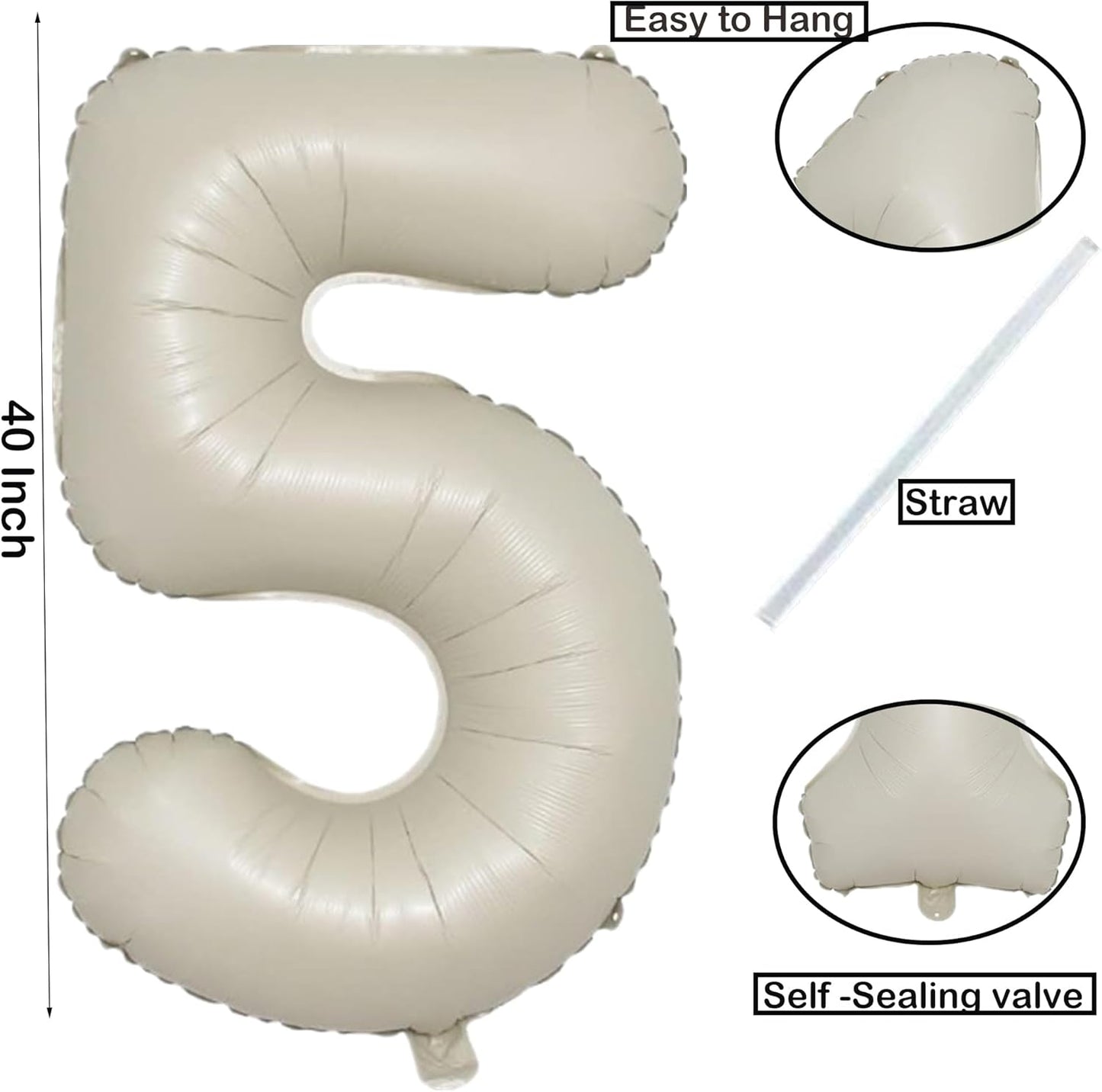 40 Inch Big Cream White Number Balloon Birthday Decoration, Number 5 Helium Balloon 15 25 35 45 50 Years old Birthday Anniversary Party Supplies Foil Number Balloons Supplies Decorations