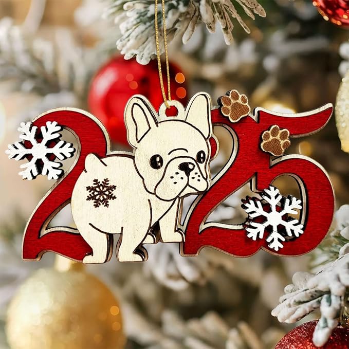 French Bulldog 2025 Christmas Ornament – Wooden Frenchie Dog Tree Decoration with Paw Prints & Snowflakes for Frenchie Lovers & Pet Owners