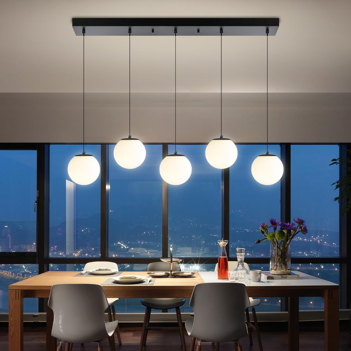 5-Lights Globe Pendant Light for Kitchen Island H 98" Black Rectangle Chandelier Milk White Glass Pendant Lighting for Living Room Bedroom Entryway