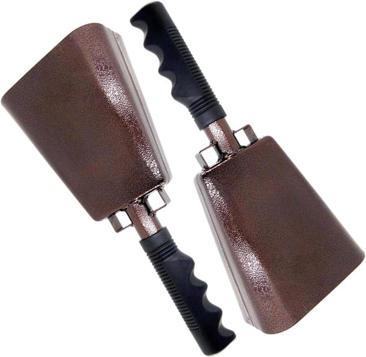 Deke Home - 2 Pack 10 Inch Steel Cowbells with Handle, Loud Noise Makers for Football, Sports, Parties, Competitions, School Spirit & Safety, Large Hand Bell for Cheering & Percussion Instrument