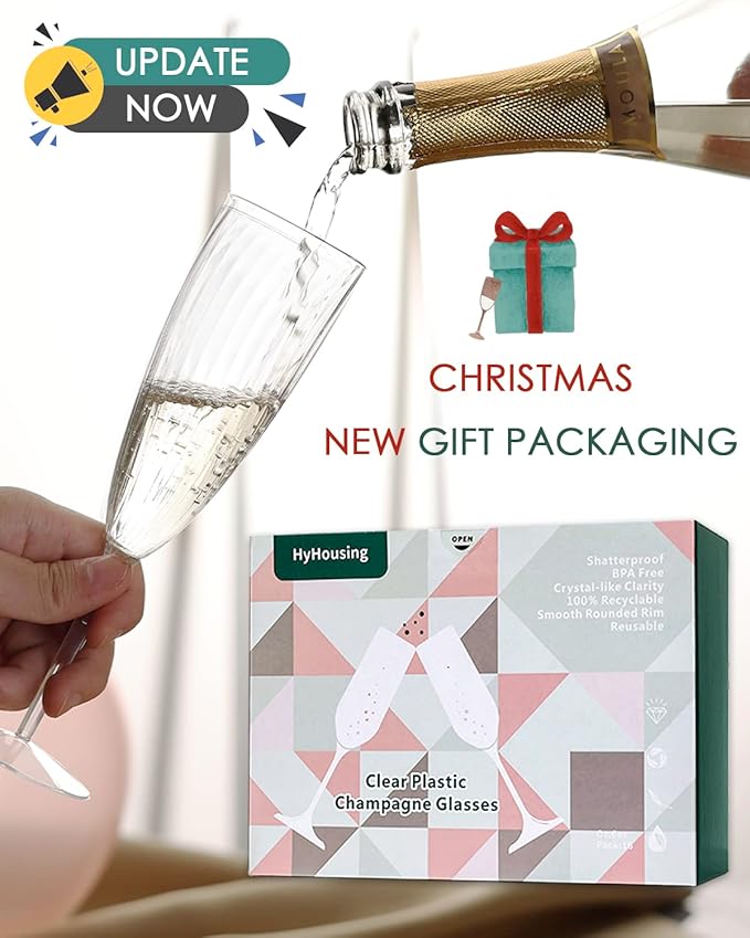 6 Oz Clear Plastic Champagne Glasses 16 Pack, Hard Disposable Plastic Champagne Flute Ideal for Home Daily Life Party Wedding Toasting Drinking Champagnes,New Years Eve Party Supplies