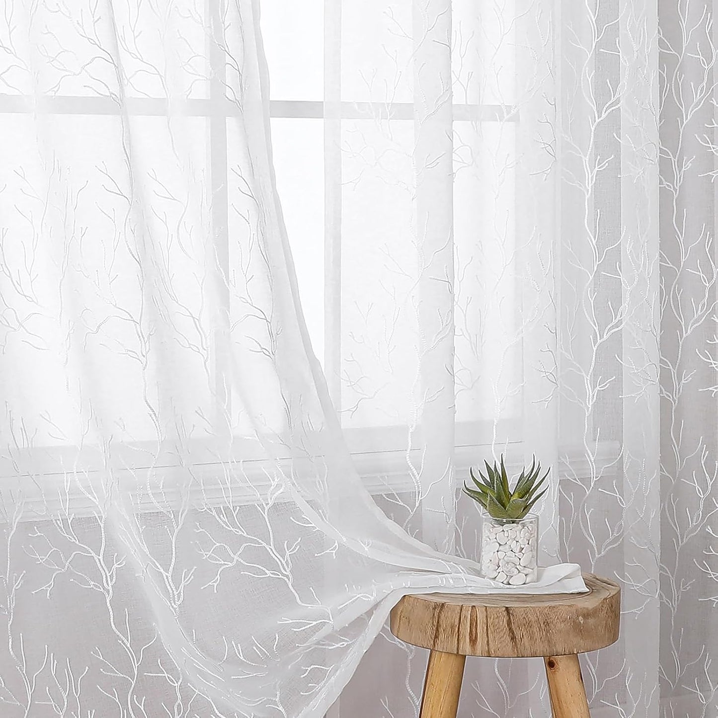 VISIONTEX Sheer Curtains 63 inch Length 2 Panels Set, Decorative White Coral Embroidery, Rod Pocket Embroidered Window Drapes for Living Room and Bedroom, 54" x 63"