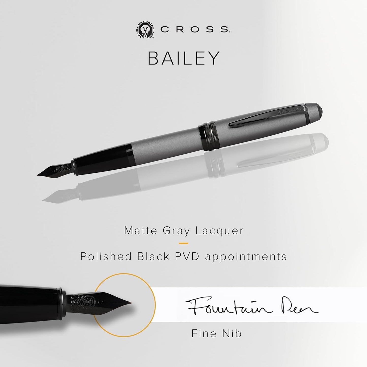 Cross Bailey Refillable Fountain Presented in a Premium Gift Box - Medium Point, Black Ink, Matte Gray