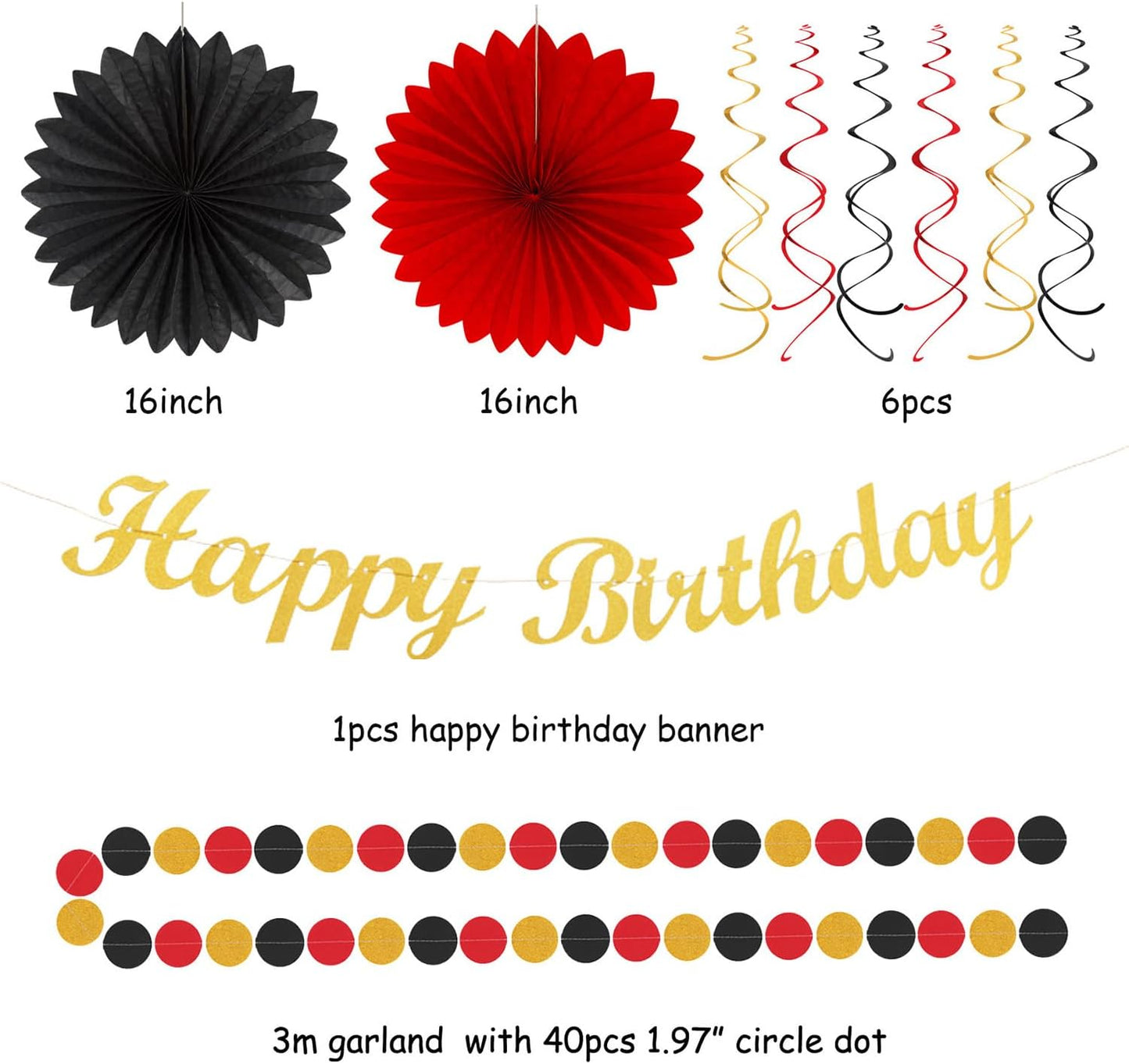 Red-Black Gold Casino-Theme Birthday Party-Decorations - 21pcs Happy Banner,Game Night Paper Lanterns,Tissue Pom Poms Flower Fan,Honeycomb Ball,Swirl Streamers Garland Supplies Women Men Decor Huglony