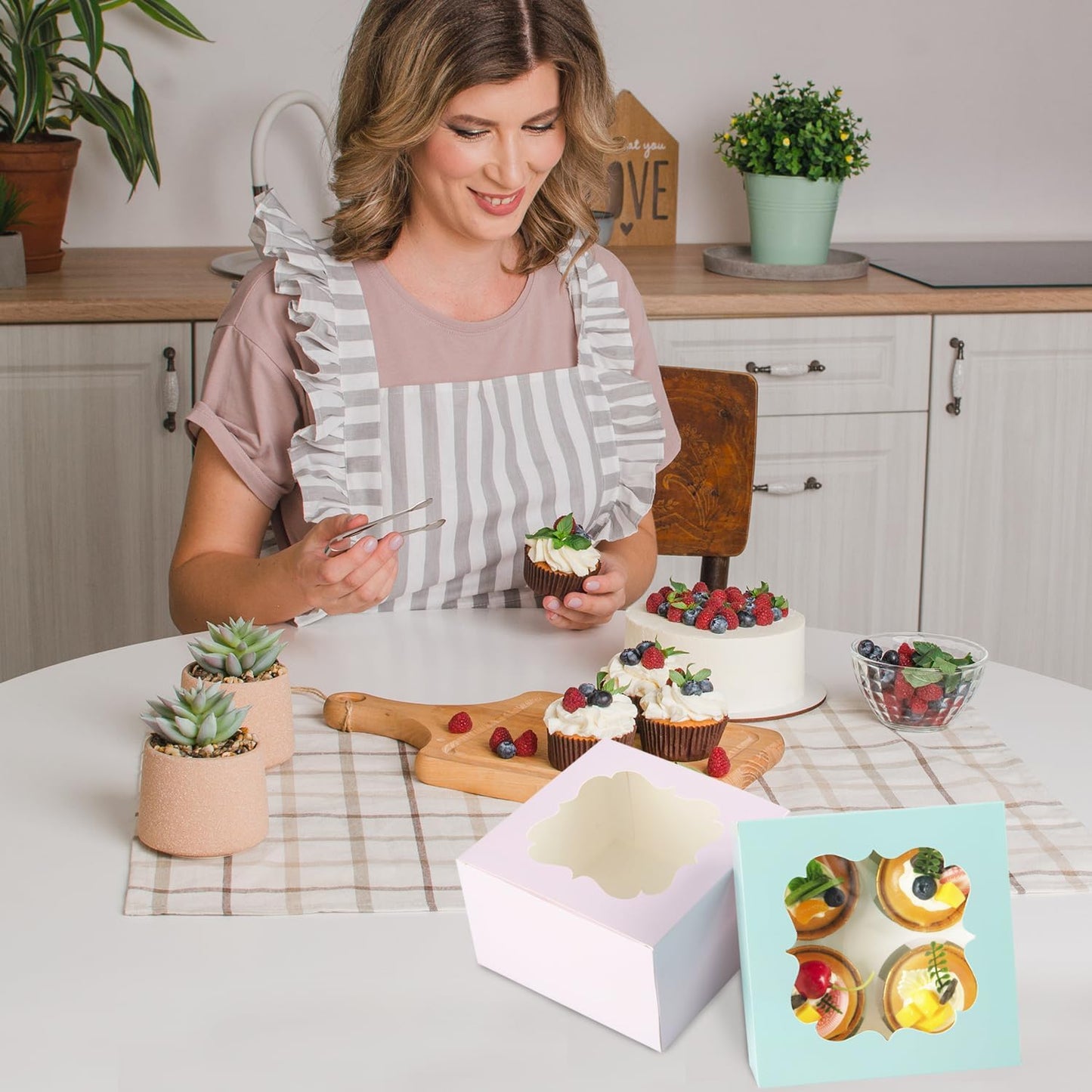 20 PCS 6.5 x 6.5 x 4 inch Paper, Cupcake Boxes with Inserts and Window Hold 4 Cupcakes, Bakery Boxes For Cupcakes Carrier, Cupcake Containers (Cyan-4 Holes)