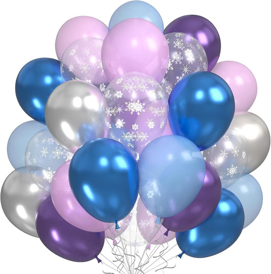 Blue Purple Silver Balloons, 60PCS Snow Balloons Metallic Purple Blue Silver Balloon with Pearl Blue Purples Snowflake Print Party Balloon for Girls Birthday Winter Snow Wonderland Party Decorations