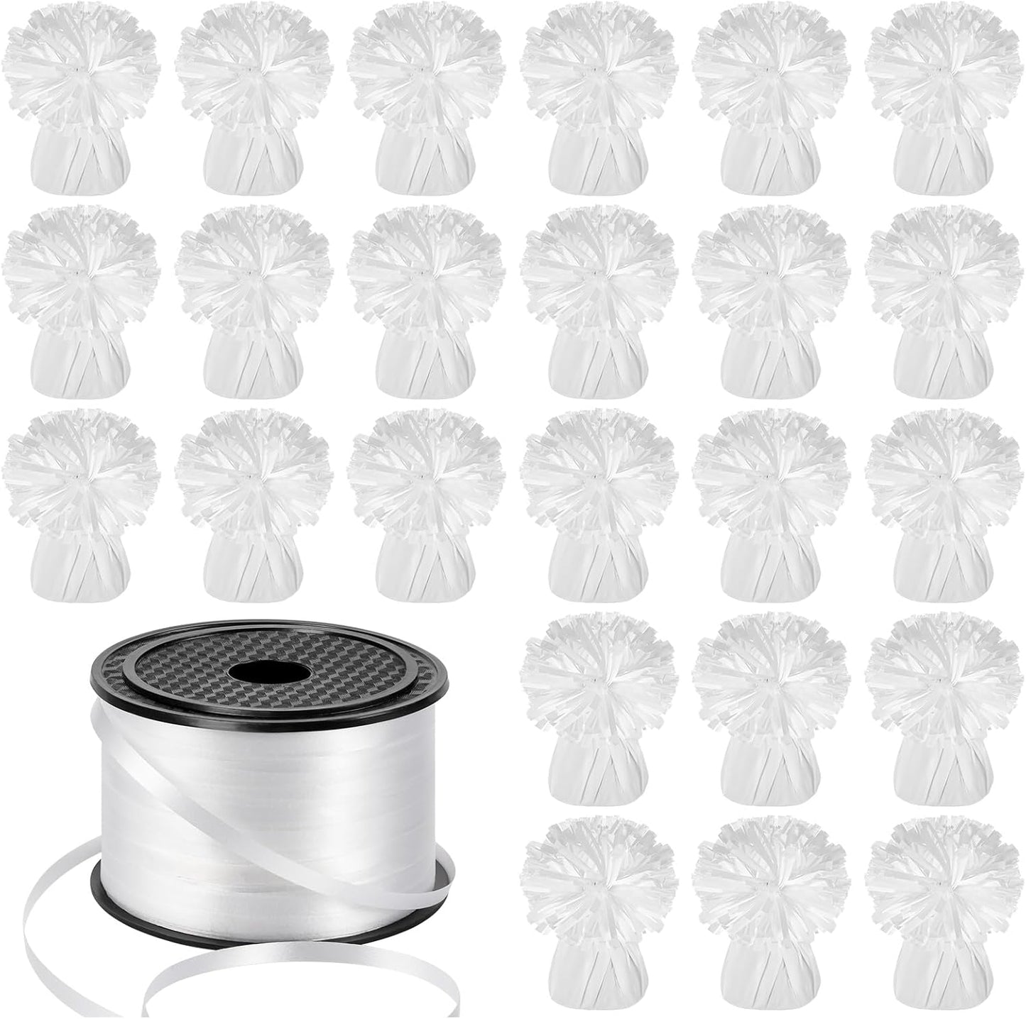 24 PCS Balloon Weights Metallic Anchor, Balloon Holder Heavy Weights with 1 Roll Iridescent Crimped Ribbon for Balloons Table Party Favor Birthday Decor(White)