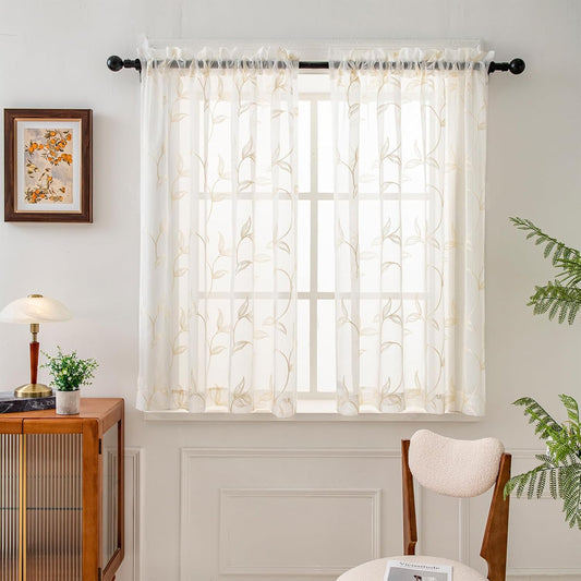 VISIONTEX Sheer Curtains 54 inch Length 2 Panels Set, White Voile Crushed Cream Vine Leaves Embroidery, Rod Pocket Embroidered Window Drapes for Living Room and Bedroom, 54" x 54"