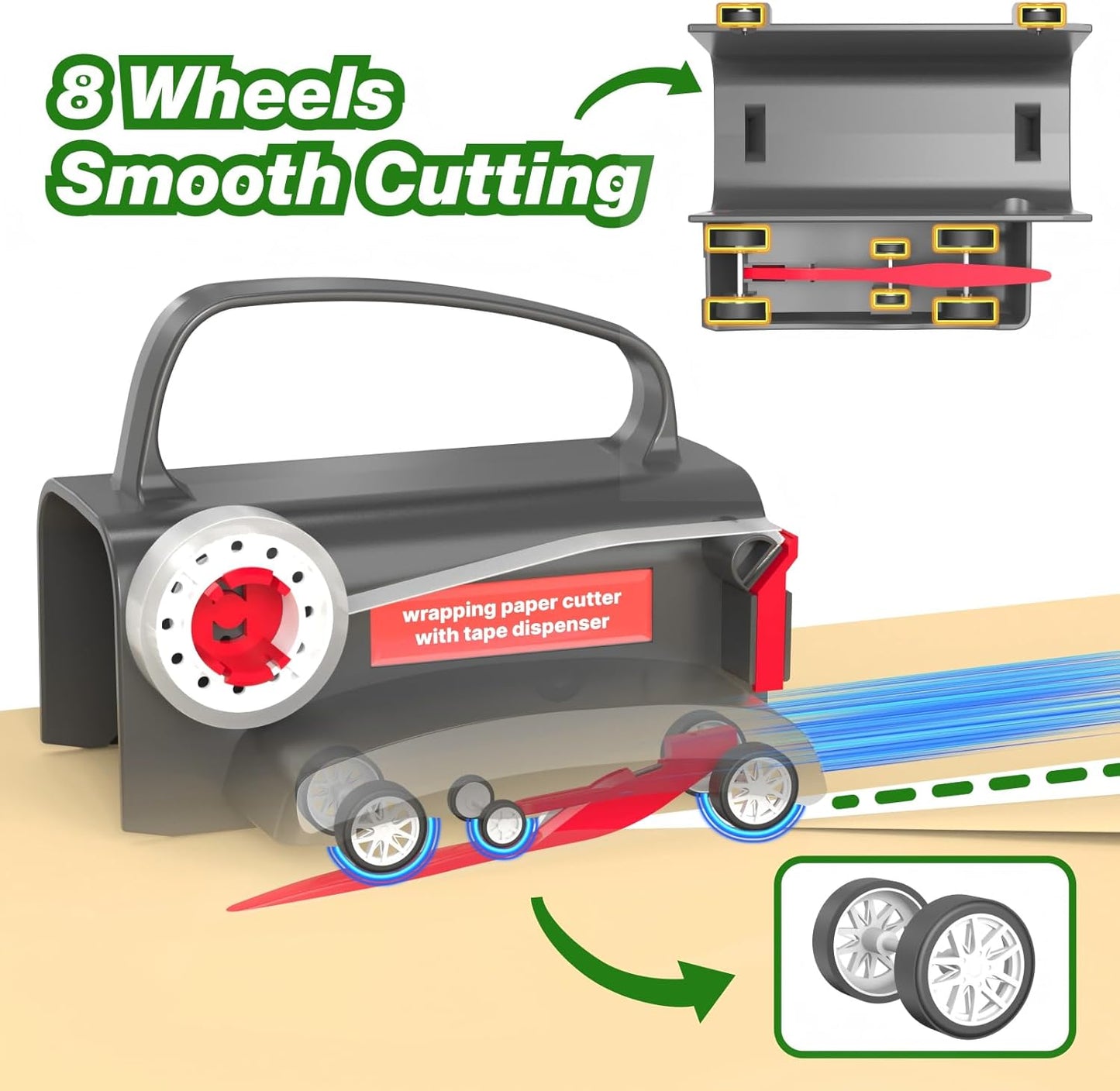 (2-Pack) Wheel Wrapping Paper Cutter & Tape Dispenser with 4 Tapes，2 Replace Blades Kit for Christmas Gift Wrap Cutter Tool Paper Roll Holder Tube Sliding Slicing for Birthday Holiday.