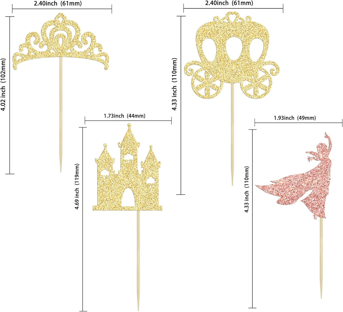 Gyufise 36Pcs Princess Cupcake Toppers Glitter Mermaid Girl Castle High Heel Crown Cupcake Picks Princess Theme Baby Shower Girls Birthday Party Cake Decorations Rose Gold
