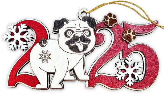 Pug Dog 2025 Christmas Ornament – Wooden Holiday Tree Hanging Decoration – Cute Pug Puppy Ornament, Pet Lover Gift Keepsake for Christmas 2025