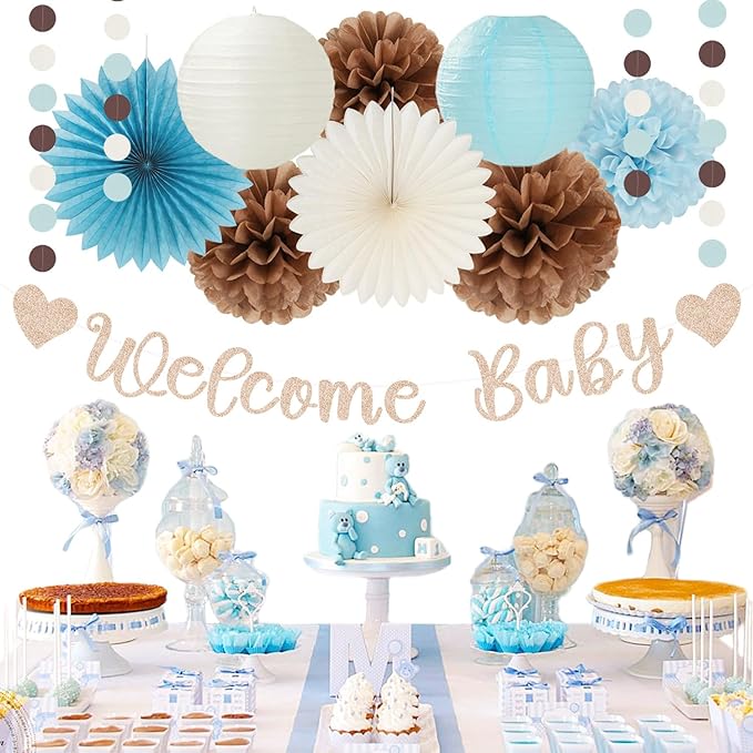 Dusty-Light Blue-Brown Baby Shower Party-Decorations - 22pcs Boys Welcome Baby Banner, White Paper Lanterns Streamers, Coffee Tissue Pom Poms Flowers Fans Decor Hugmoon