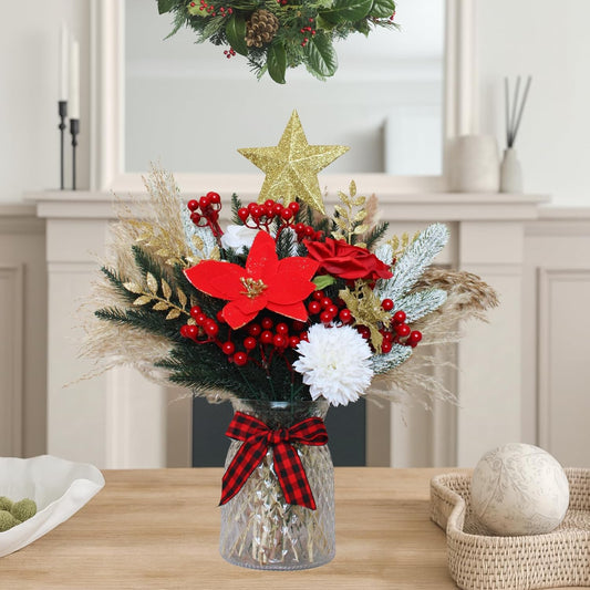 Christmas Centerpieces for Tables, Holiday Table Decor, 100pcs Christmas Floral Arrangements in Vase, Xmas Decorations for Coffee Kitchen Dining Table, Artificial Poinsettia Red Berry Pine Branches